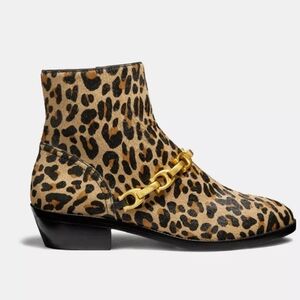 COACH 'Allen' Brown Leopard Print Fur Ankle Booties w Metal Link Chain - Size 5